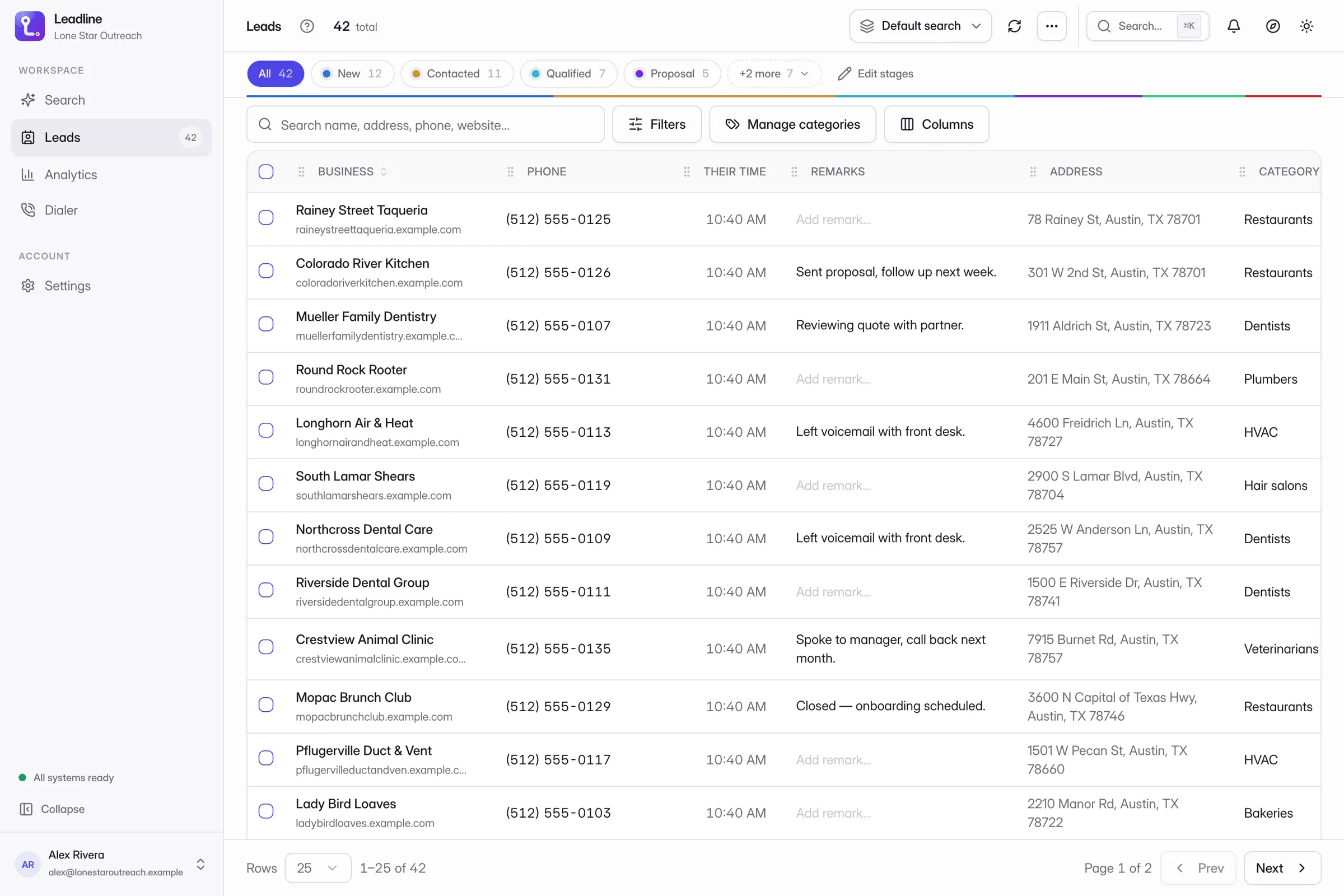The Leadline side panel next to Google Maps, listing local businesses harvested from the map with their phone numbers and pipeline stage